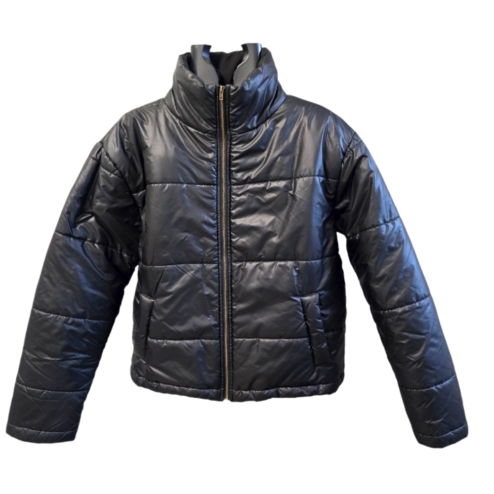 Puffer Jacket Warm Winter Coat Black Full Zip Size Medium Goth Preppy Business